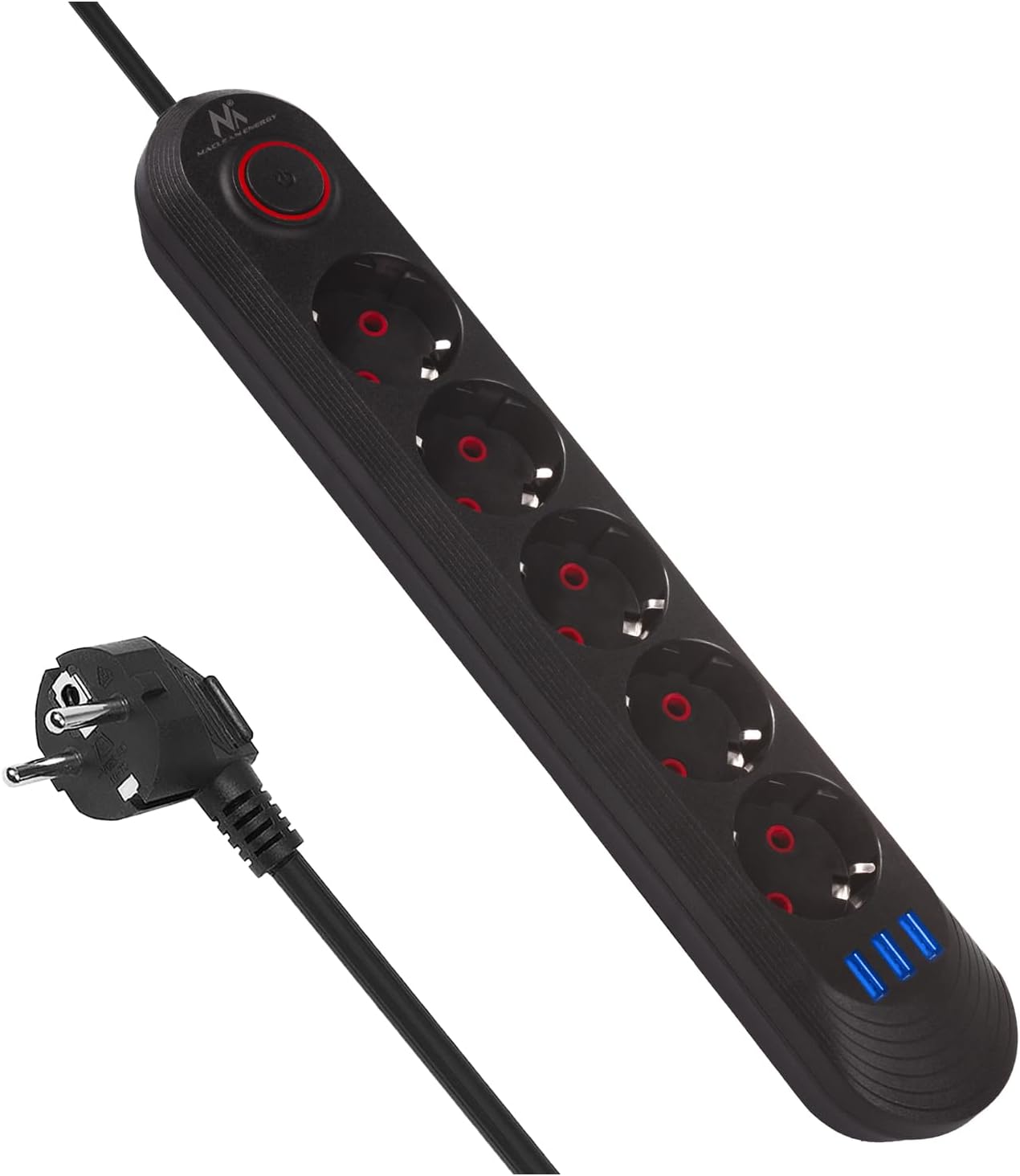 Maclean MCE394/MCE395 grenuttag | USB 2500 W 1,5 m | Kompakt med strömbrytare, upplysta USB-portar 45° | väggmontering (svart, 5 anslutningar)