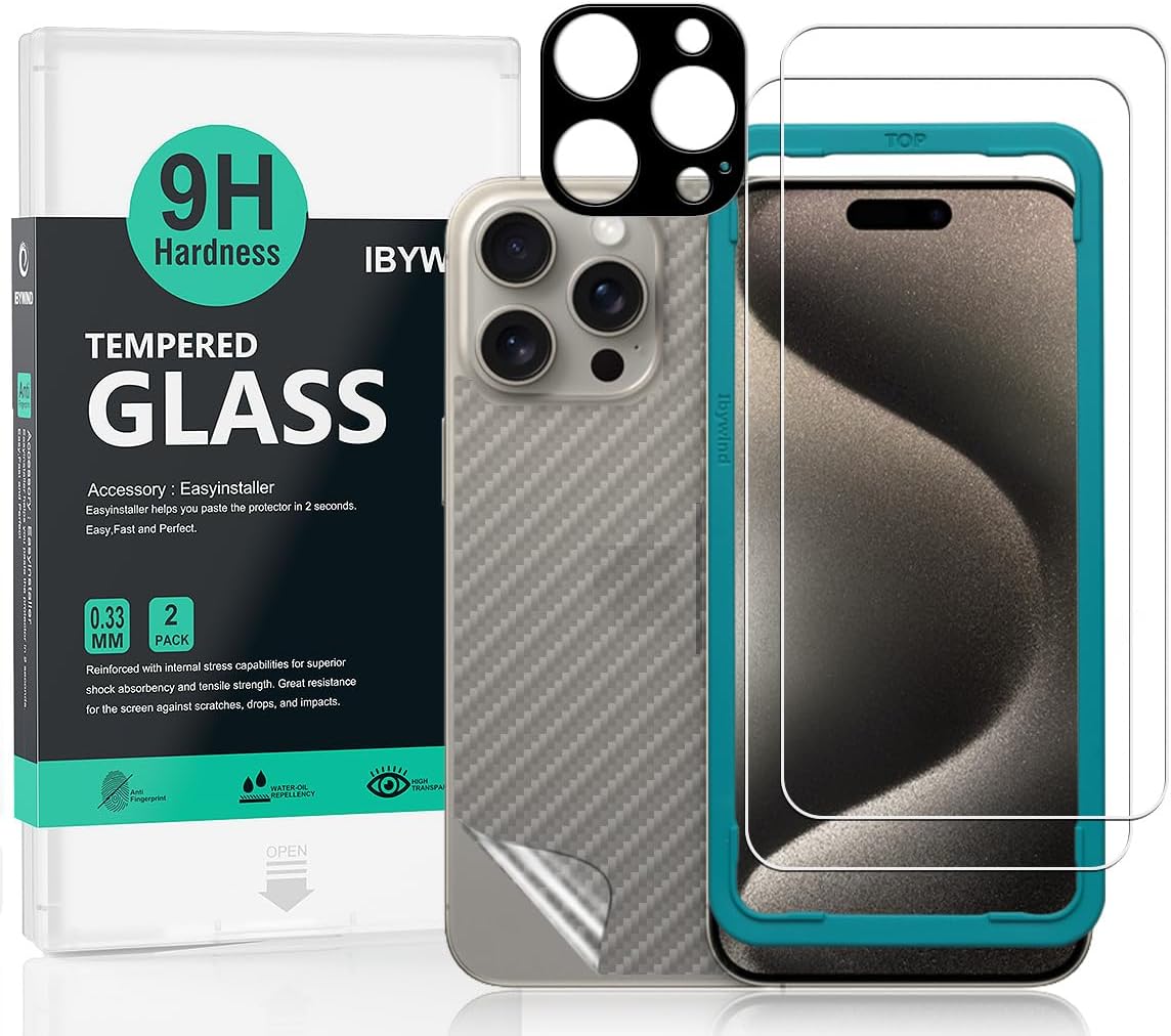 IBYWIND skärmskydd Kompatibel med iPhone 15 Pro 5G,med 2 st härdat glas,1 st kameralinsskydd,1 st stödfilm av kolfiber[Fingeravtrycksläsare,lätt att installera]
