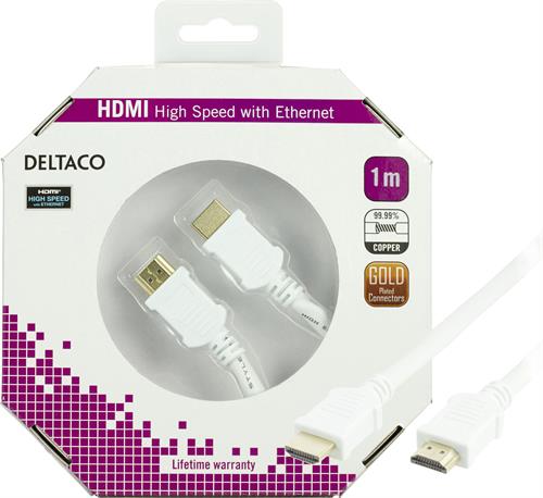 HDMI-kabel, HDMI High Speed with Ethernet, 19-pin ha-ha, 4K, Ethernet, 3D, returljud, svart, 1m , Vit