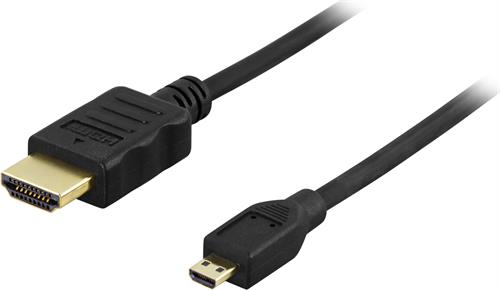 DELTACO HDMI kabel, HDMI High Speed with Ethernet, 4K, Ultra HD i 60Hz, HDMI Type A ha - Micro HDMI ha, guldpläterad, 2m, svart