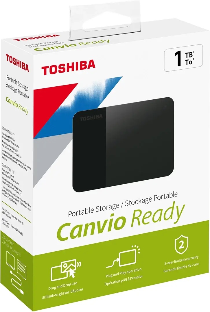 Toshiba Canvio Ready 2.5 1TB BLACK, Portabel extern hårddisk med 1 TB kapacitet & USB 3.2
