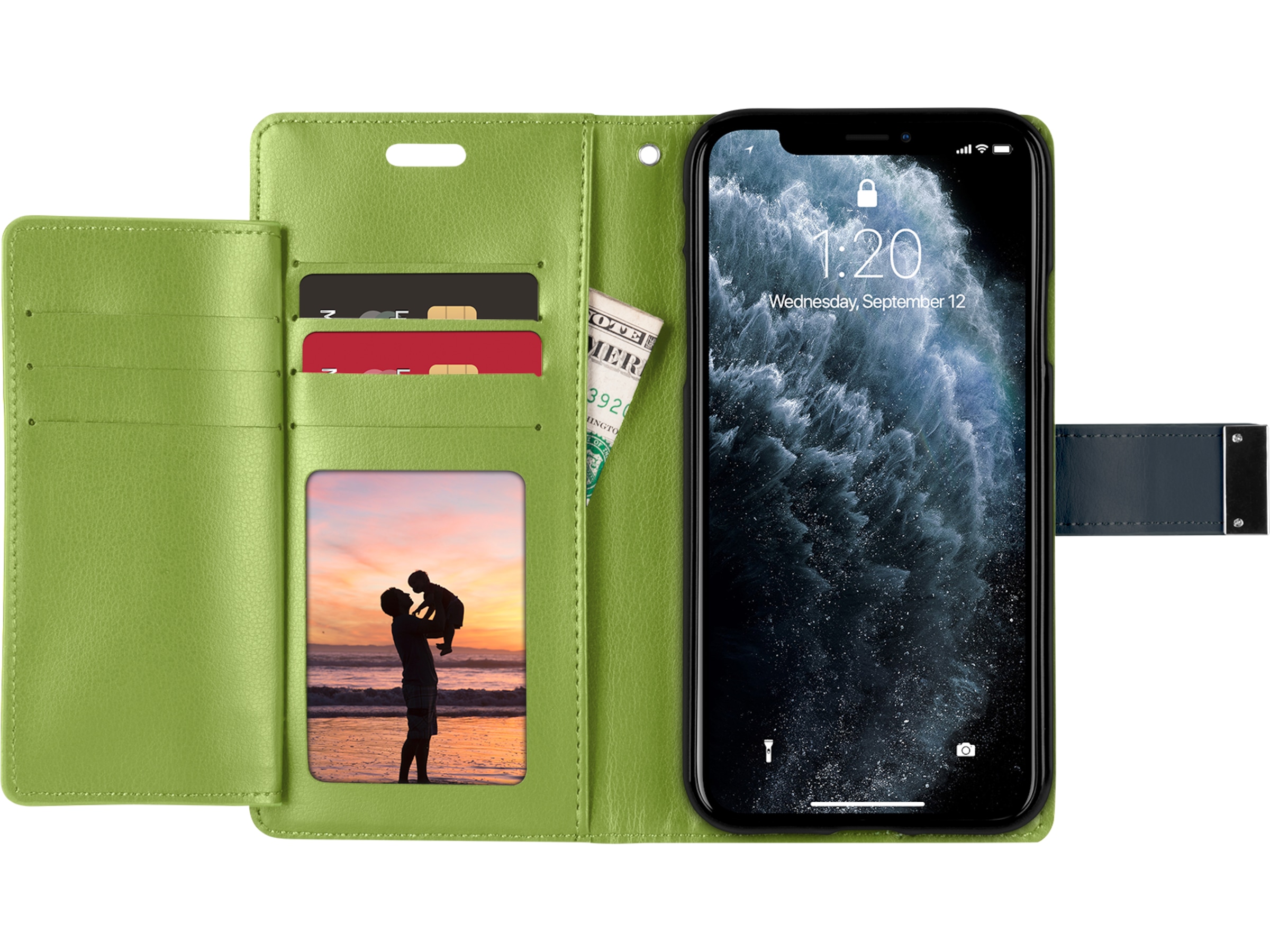 Mobiltelefonskydd, iphone 11 pro max rich diary, iiglo blå, god plass til kort og sedler