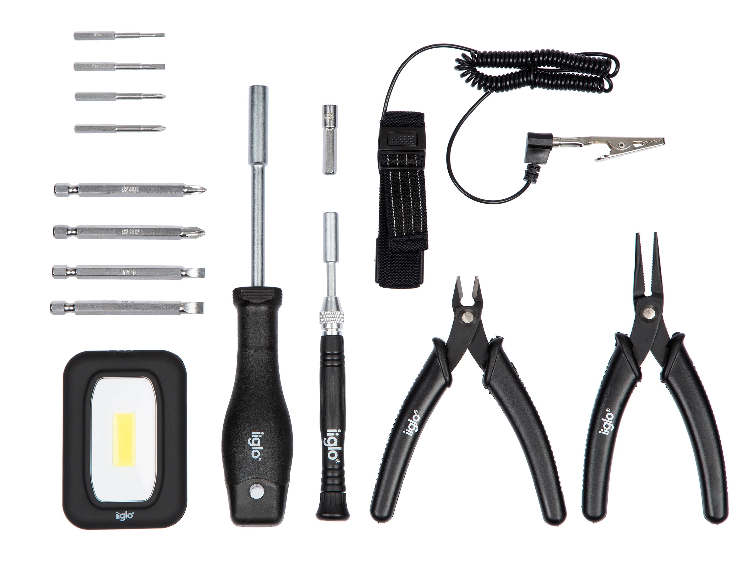 (IIPCTOOLSM2)iiglo byggverktyg till PC, 16 delar, PC byggverktyg, ljus, bits, 2 tänger, antistatisk band
