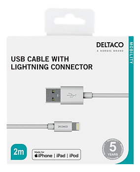 DELTACO USB-synk-/laddarkabel till iPad, iPhone och iPod, MFi, USB Typ A ha - Lightning ha, 2m, vit