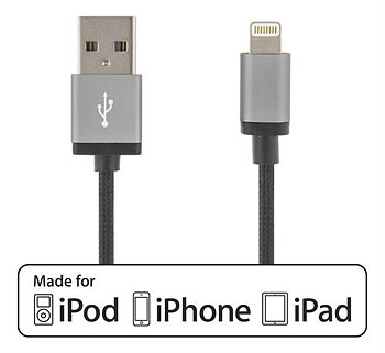 DELTACO PRIME USB-synk-/laddarkabel till iPod, iPhone och iPad, tygklädd, MFi, USB Typ A ha - Lightning ha, 1m, silver