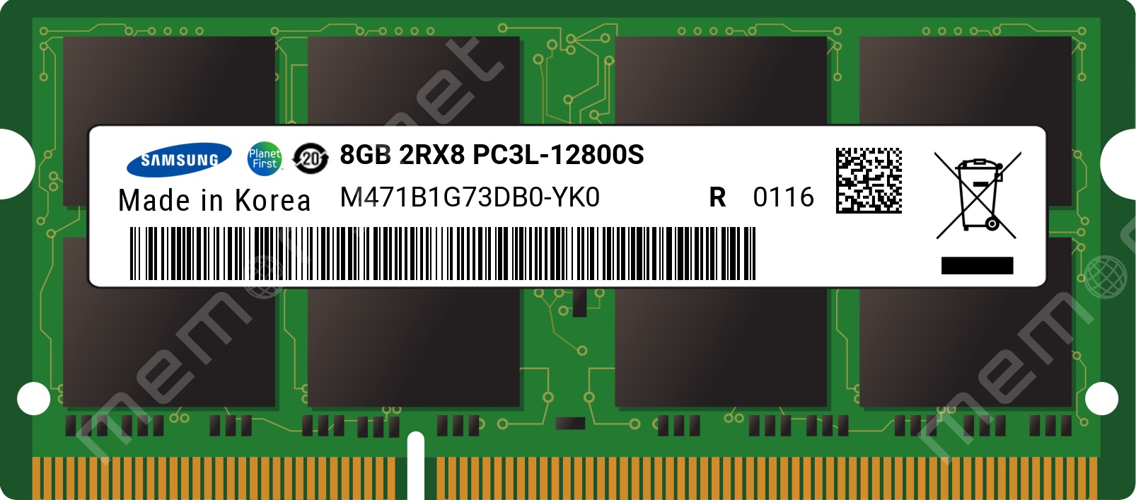 M471B1G73DB0-YK0 - Samsung 1x 8GB DDR3-1600 SODIMM PC3L-12800S Dual Rank x8 Module, SODIMM, För bärbar HP Spare 691740-005