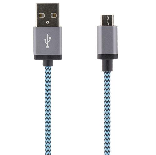 STREETZ USB-synk-/laddarkabel, tygklädd, USB Typ A ha - USB Micro B ha, 1m, Blå