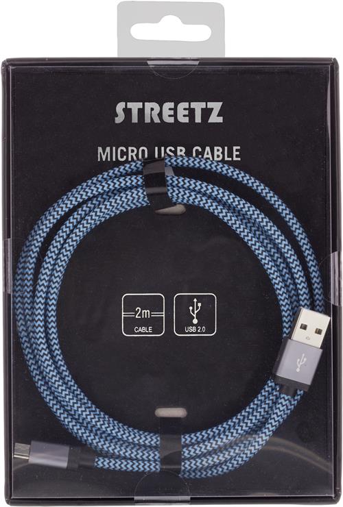 STREETZ USB-synk-/laddarkabel, tygklädd, USB Typ A ha - USB Micro B ha, 2m, blå