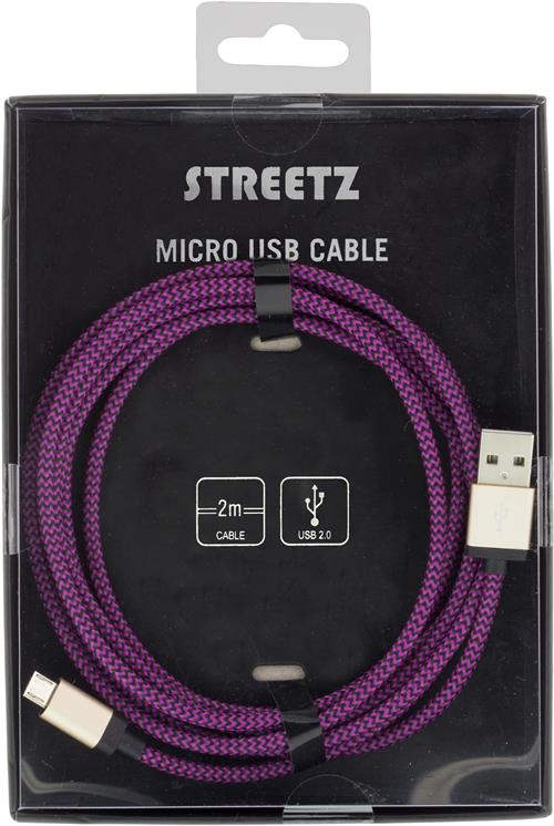STREETZ USB-synk-/laddarkabel, tygklädd, USB Typ A ha - USB Micro B ha, 2m, Lila