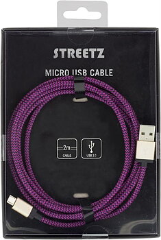STREETZ USB-synk-/laddarkabel, tygklädd, USB Typ A ha - USB Micro B ha, 2m, Lila