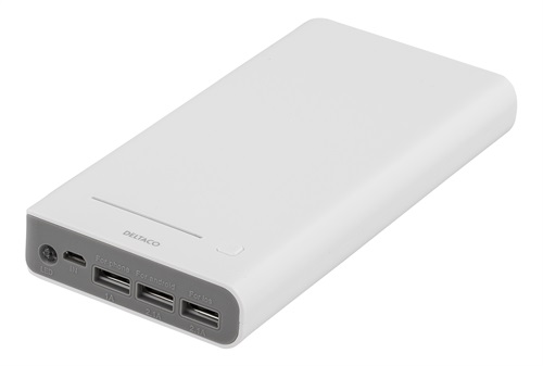 DELTACO Power bank, portabelt batteri för laddning av mobila enheter, 16000mAh, 3xUSB Typ A hona, 5V 3A, ficklampa, vit