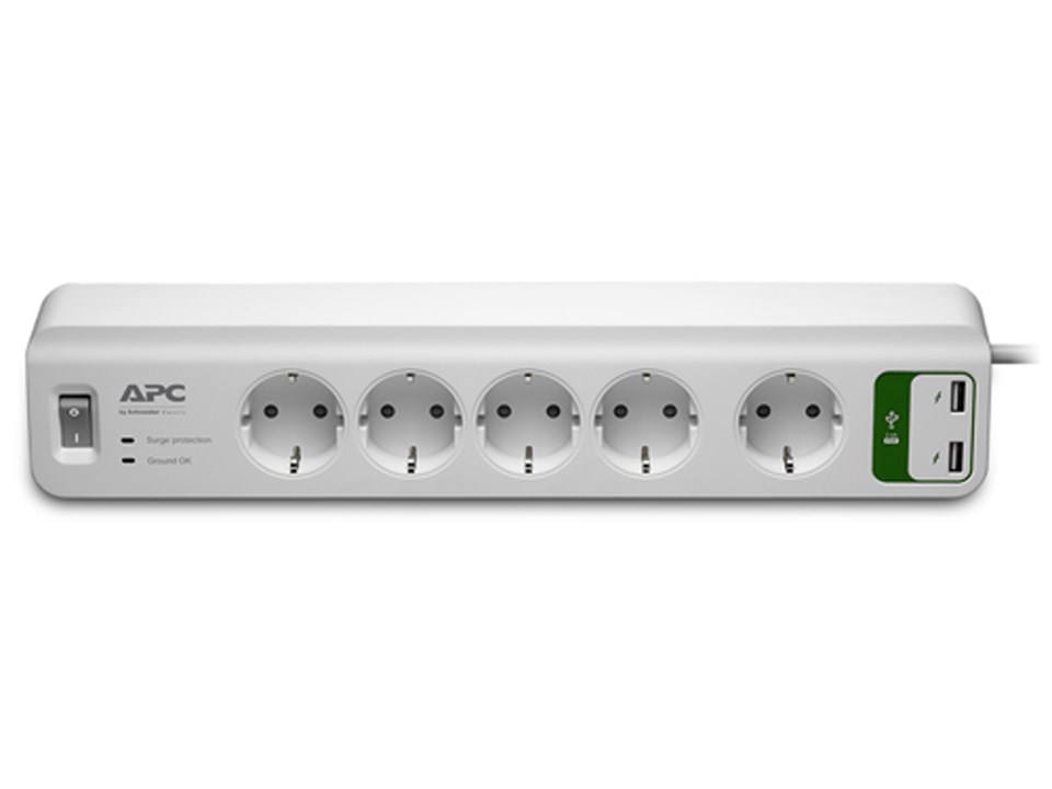 APC Essential SurgeArrest - Grenuttag med 5xCEE 7/4 uttag, USB-portar för laddning av mobila enheter, vit