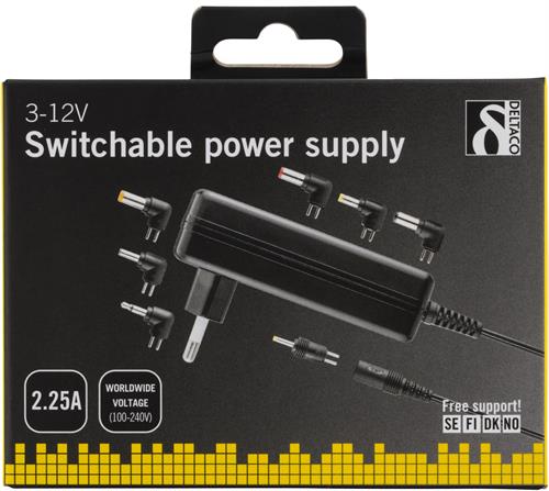 DELTACO Nätadapter 100-240V till 3-12V DC 2,25A, utbytbara kontakter, svart