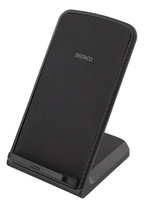 DELTACO Snabbladdare med vinklat stativ, 10W, Qi 1.2.4, dubbla coils, svart, Trådlös mobilladdare