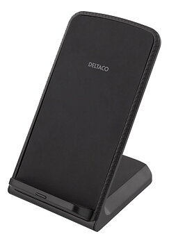 DELTACO Snabbladdare med vinklat stativ, 10W, Qi 1.2.4, dubbla coils, svart, Trådlös mobilladdare