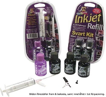JR Refill Inkjet återpåfyllningskit, Bläck  3X30ml + Rengöringsmedel 1X30ml , För Svart