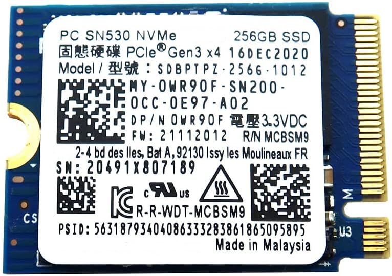 (SDBPTPZ-256G-1012)PC SN530 256GB M.2 2230 NVMe PCIe Gen3 x4 SSD Solid State Drive SDBPTPZ-256G-1012 Compatible Replacement Spare Part for Western Digital Compatible and Laptop Systems