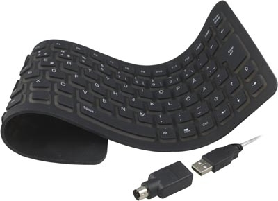 Tangentbord, nordisk layout, vikbar silikon, USB & PS/2, svart