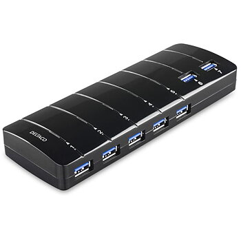 DELTACO USB 3.0-hubb med 7 portar, en port med högeffektsladdning för surfplattor, nätadapter, svart