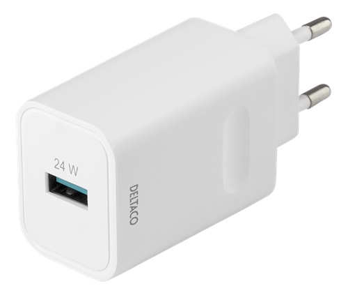 DELTACO USB-A väggladdare med snabbladdning 12W, 2,4A vit