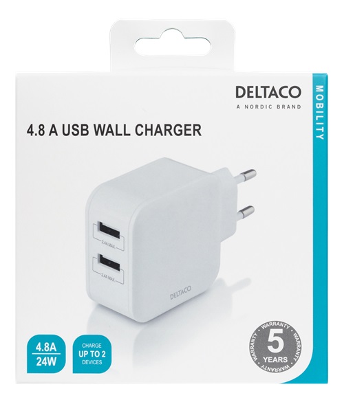 DELTACO Väggladdare med dubbla USB-A portar, 4,8 A, 24 W, vit 2X2,4A