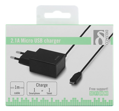 Väggladdare 230V till 5V USB, 2,1A, 1 USB Micro B, 1M, Svart