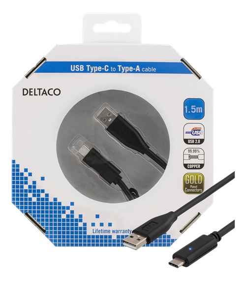 DELTACO USB 2.0 kabel, Typ C - Typ A ha, 1,5m, svart