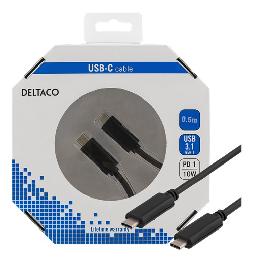 DELTACO USB 2.0 kabel, Typ C ha - Typ C ha, 0,5m, svart