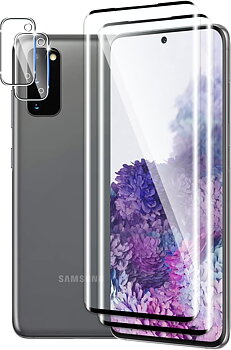 (X002C7ON1J) härdat glas för Samsung Galaxy S20 med bakre kameraskydd, HD transparent, 3D-böjd heltäckning, 9H hårdhet, bubbelfri, repfri, skärmskydd