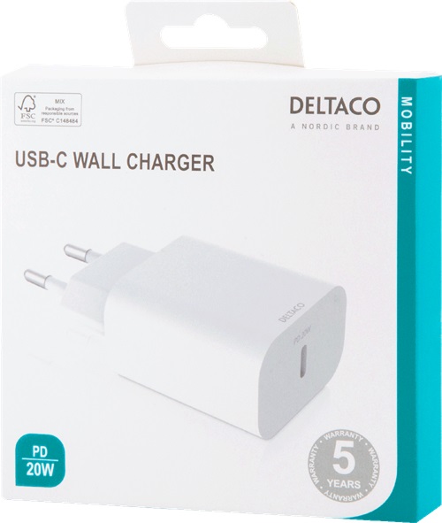 DELTACO USB-C wall charger, 1x USB-C PD,20W, white