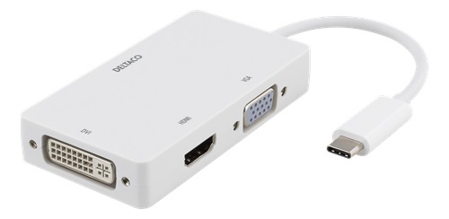 DELTACO USB-C till HDMI/DVI/VGA-adapter, 4K, DP Alt Mode, vit