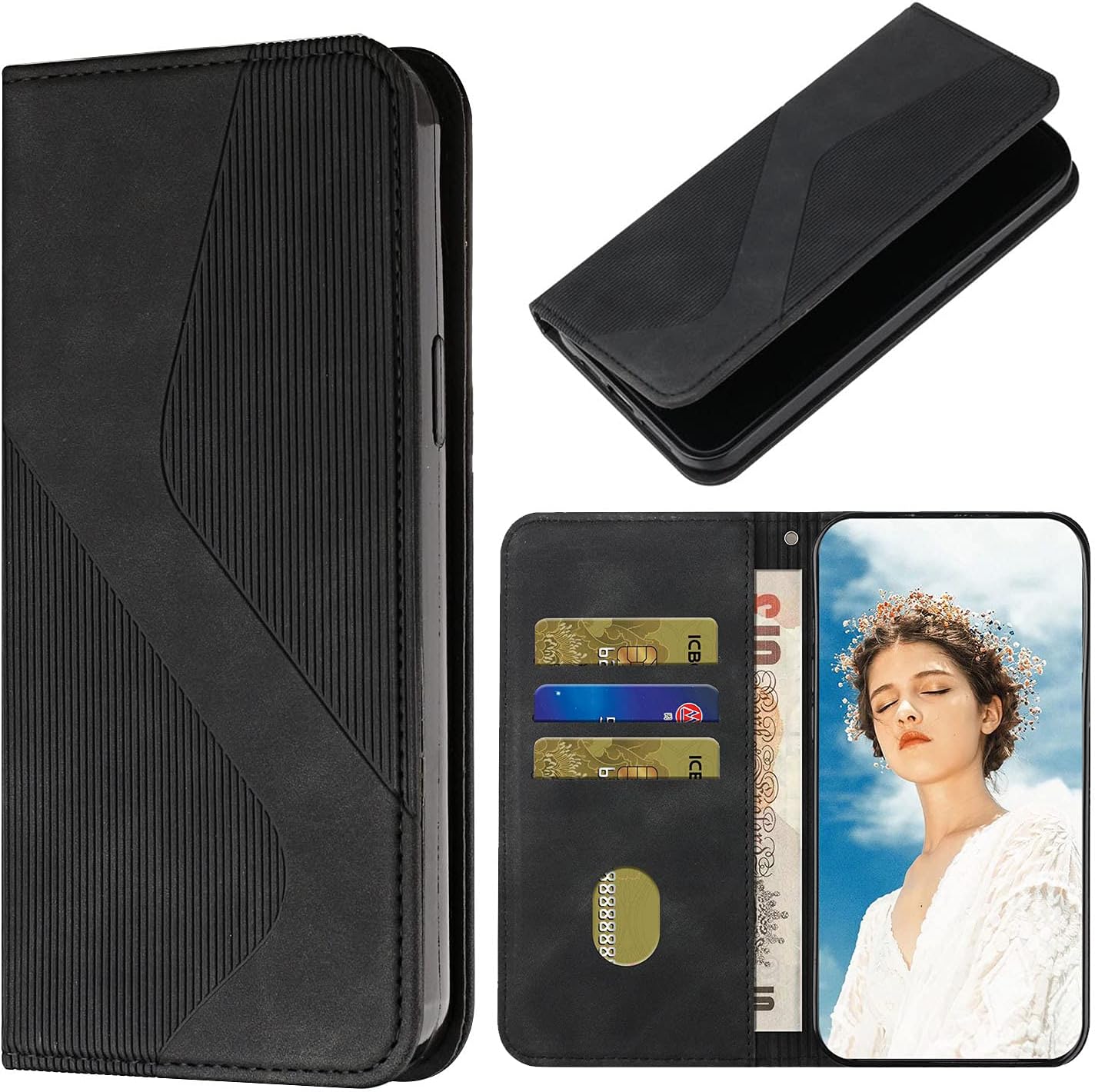 (X001001WSV )Plånboksfodral för iPhone XS/iPhone X, magnetiskt mobilfodral flip-fodral stativfunktion kortfack (Svart)