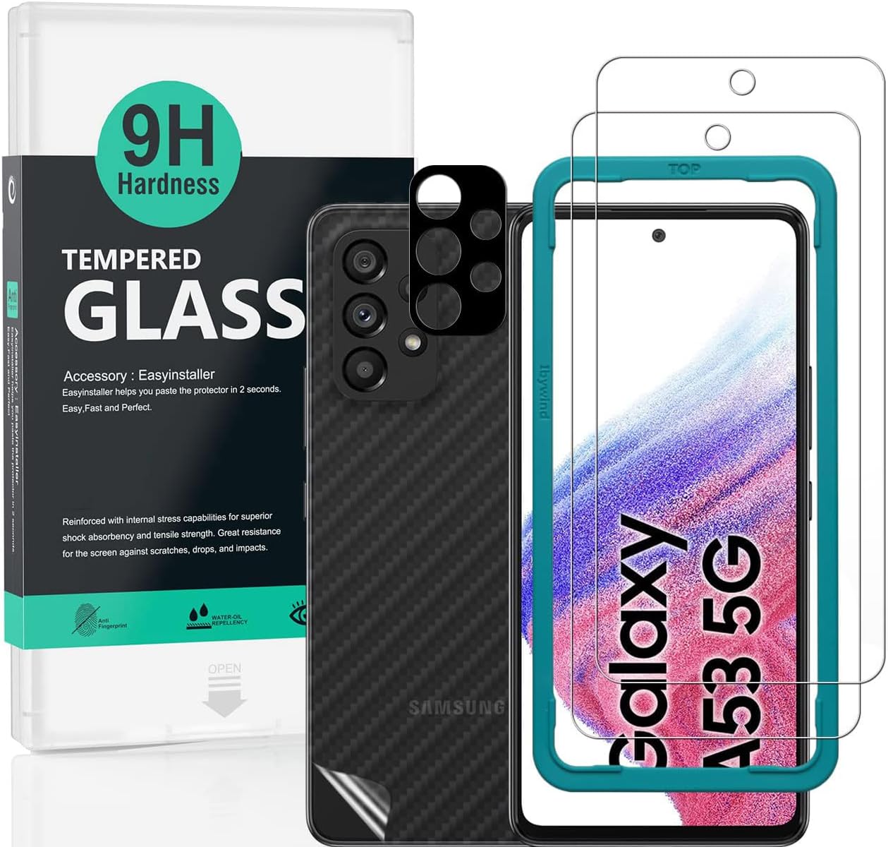 (X001KC10X1)Ibywind Screen Protector for SAMSUNG Galaxy A53 5G 6.5,[Pack of 2] with Camera Lens Cover (Metal Material), Carbon Fiber Rear Skin Cover, Including Easy Installation Kit