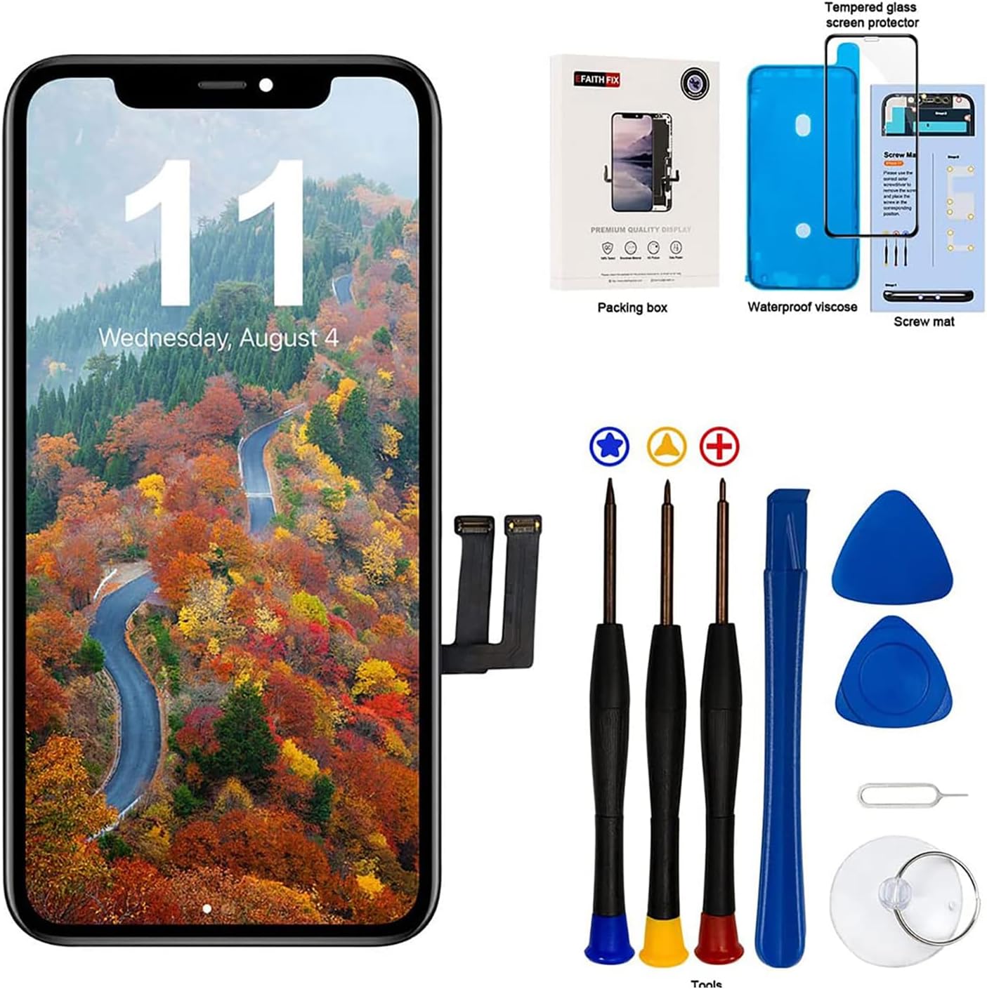 EFaith för iPhone 11 skärm ersättning 6,1 tum full HD LCD-skärm, 3D-pekskärm digitaliserare ram montering med reparationsverktygssats, självhäftande och härdat glas