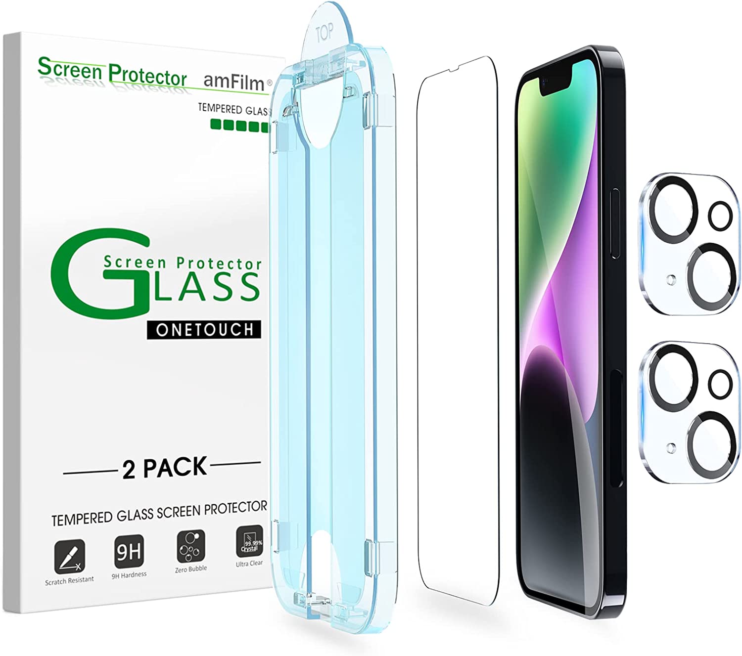 (X001LQE8FN )amFilm OneTouch Kompatibel med iPhone 14 Plus (6,7 tum 2022) skärmskydd i härdat glas och kameralinsskydd, kant till kant full täckning med enkel installationssats (2 + 2-pack)
