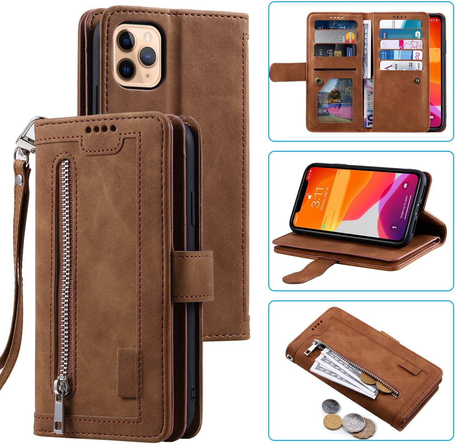 (X001MJP4LV) Plånboksfodral Iphone 14 Pro, 6.1 fodral, flip case läderskal dragkedja magnetlås plånbok med 9 kortplatser stativfunktion retro matt läderväska-djupröd