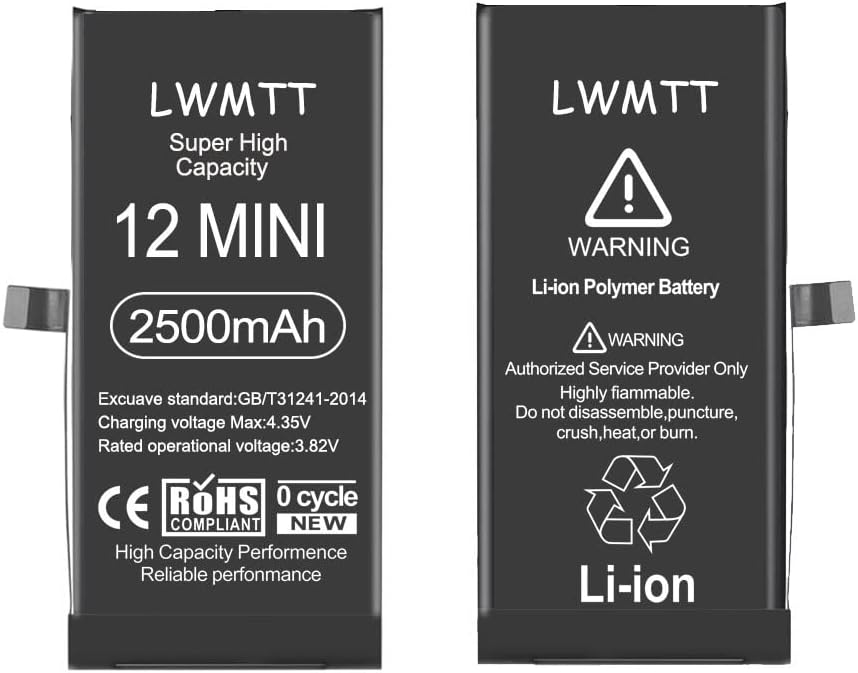 LWMTT Batteri kompatibel med iPhone 12 Mini ersättning [superkapacitet] 2 500 mAh A2176, A2398, A2400, A2399 batteri med kompletta verktygssatser, härdad glasskiva