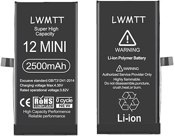 LWMTT Batteri kompatibel med iPhone 12 Mini ersättning [superkapacitet] 2 500 mAh A2176, A2398, A2400, A2399 batteri med kompletta verktygssatser, härdad glasskiva