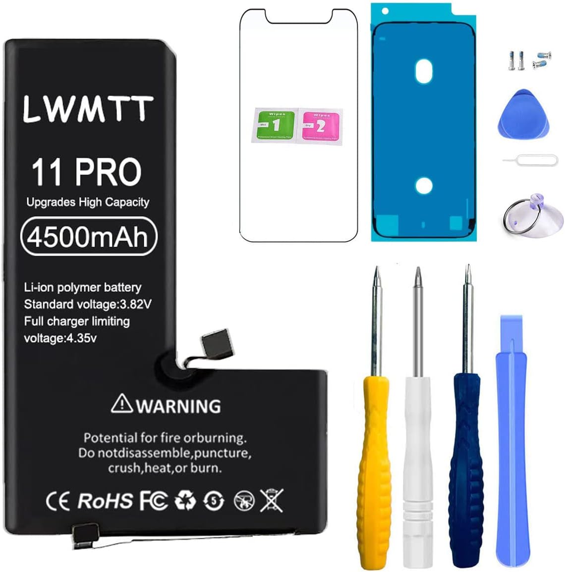 (X001QZJUCF )LWMTT Batteri med hög kapacitet, kompatibelt med iPhone 11 Pro 4 500 mAh A2160, A2217, A2215-batteri med verktygsset och reparationssats, härdad glasruta