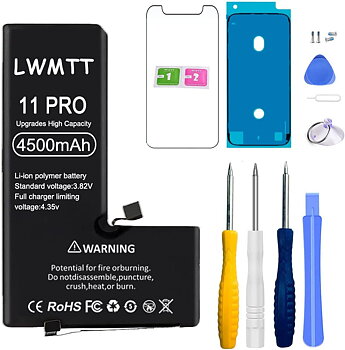 (X001QZJUCF )LWMTT Batteri med hög kapacitet, kompatibelt med iPhone 11 Pro 4 500 mAh A2160, A2217, A2215-batteri med verktygsset och reparationssats, härdad glasruta