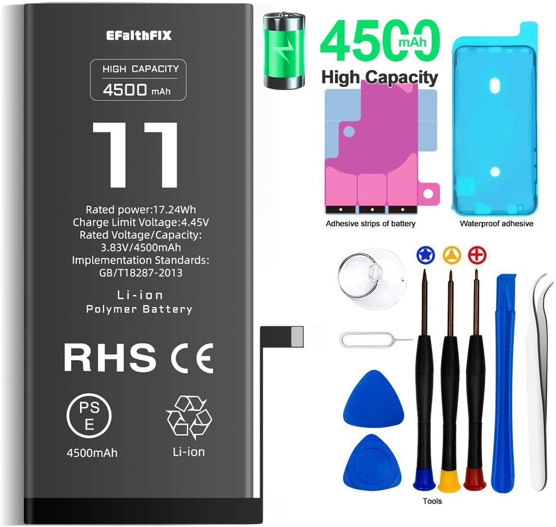 (X001TUM3IP)EFaith Batteri för iPhone 11 4500mAh ersättningsbatteri med hög kapacitet och lim för modell A2111, A2221, A2223 (för iPhone 11)