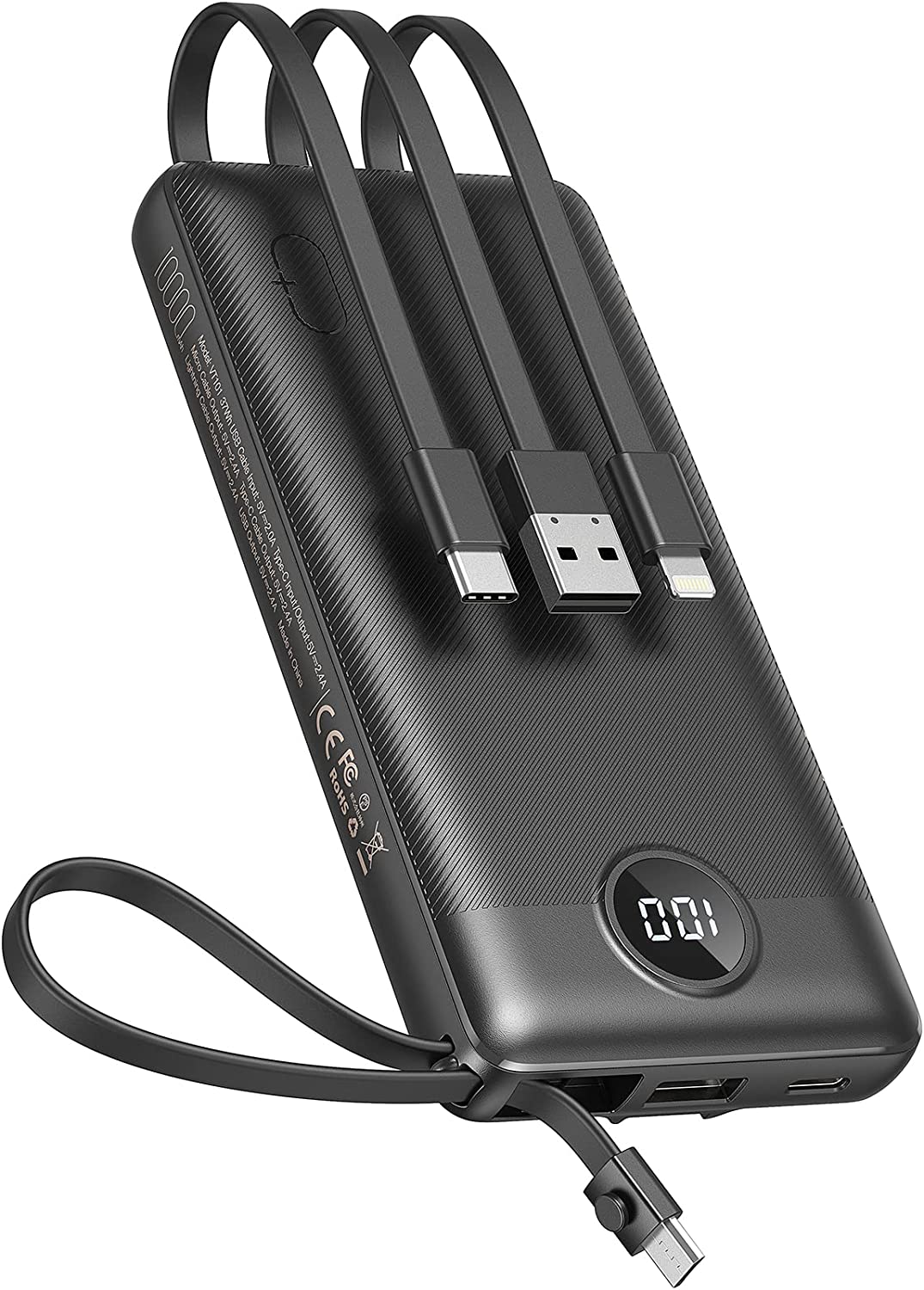 (X001XAMSX1)Veektomx VT101 Power Bank med Inbyggd kabel Power Bank USB C 2,4A snabbladdning Bärbar laddare med 5 utgångar och LED-display 10000mAh