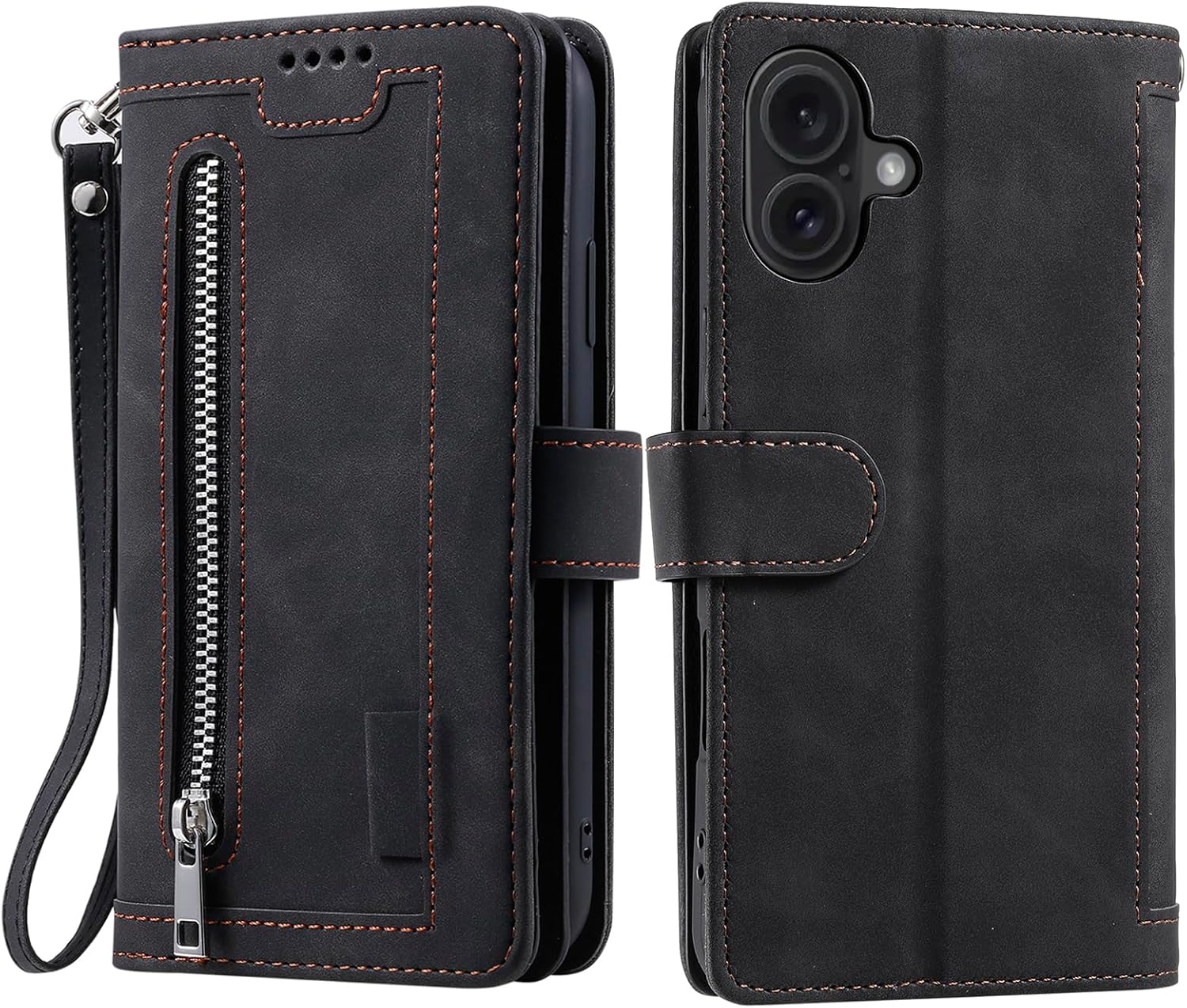 (X0024XQNNH) Plånboksfodral för iPhone 16 Plus flipfodral läder folio skyddande telefonskydd med ställ kortplatser blixtlåsficka – svart
