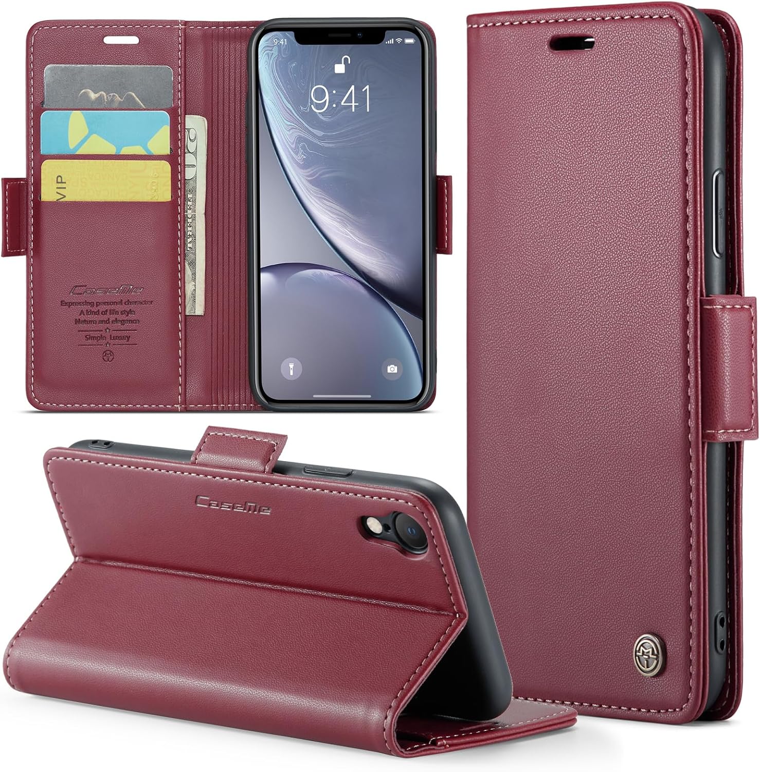 (X0026UBA9P )Rerzoiro fodral för iPhone XR, premium PU-läder telefonfodral med RFID-blockering, ställ, kortplats, magnetiskt skydd, flip bok plånboksfodral för iPhone XR, Röd