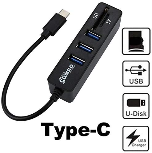 CamKpell Malloom 2-i-1 typ-C-dörrar OTG USB 2.0 hub splitter kombo 3 och SD/TF kortläsare adapter multisplitter USB-C för MacBook - svart