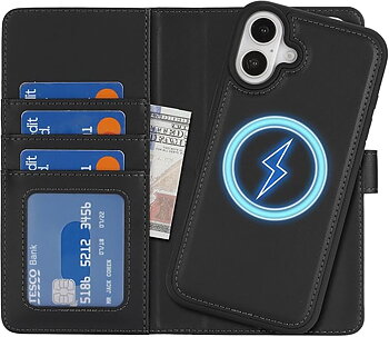 (X0025NG1TH) Plånboksfodral för iPhone 16 Plus flipfodral läder folio skyddande telefonskydd med ställ kortplatser blixtlåsficka – svart