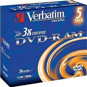 Verbatim 43450 DVD-RAM  4,7GB, 5X, 120min , med Fodral, 5 Pak