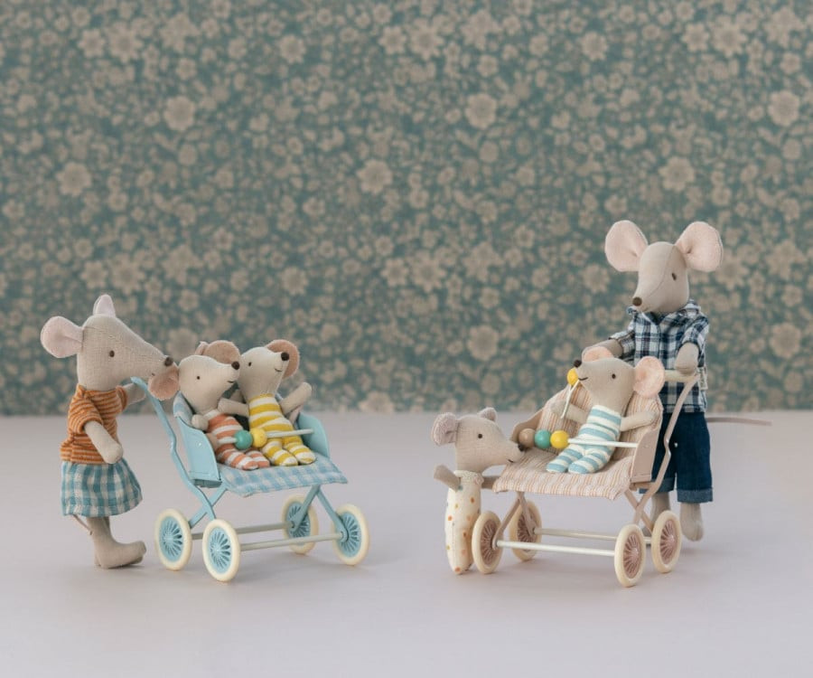 Maileg - Stroller, Baby mice - Mint - 4
