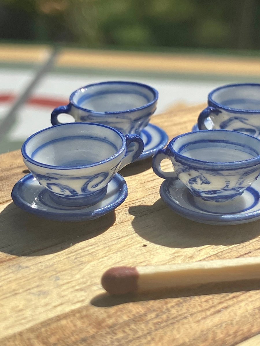 Coffecup with saucer Ceramic blue squiggles 1 pcs- handmade by Minimalen Krukmakeri