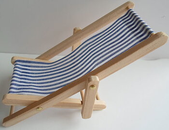 Deckchair, unpainted with blue stirped fabric